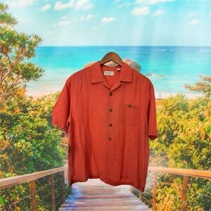 Caribbean Silk Blend Short Sleeve Button Up Hawaiian Shirt Mens Size Large Coral